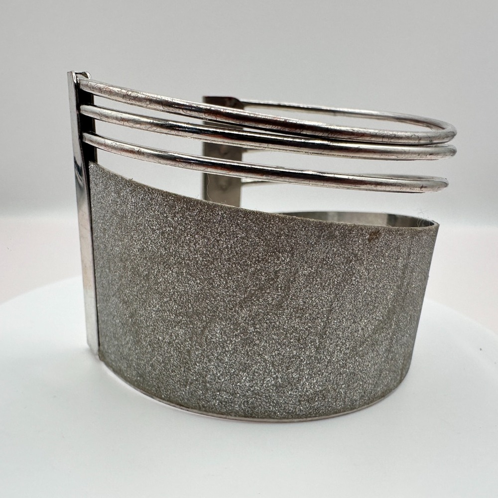 Vintage 90s Silver Tone Textured Glitter Wide Cuff Bracelet Statement